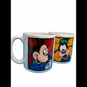 Disney Store Mickey Mouse and Goofy Coffee Large Size Mugs 4” x 4” Red and White